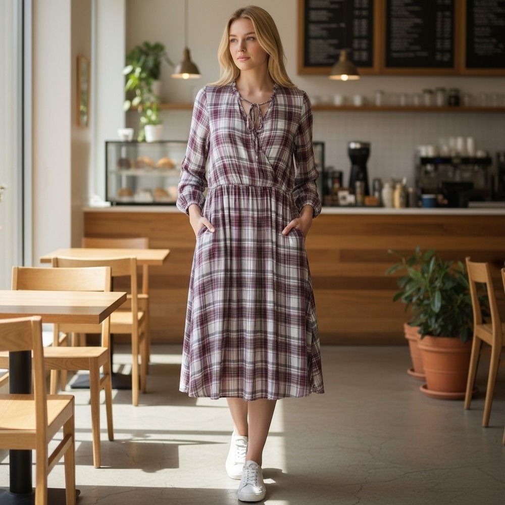 KNOX ROSE Dress Womens L Pink Plaid Pockets Elastic Waist Comfy Long Casual Boho